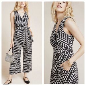 Anthropologie Eva Franco sleeveless cropped wide leg polka dot jumpsuit w/ belt